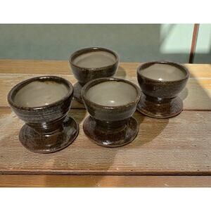 Handmade studio pottery egg cups rustic brown glaze stamp set of 4